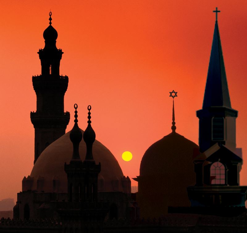 Image of mosques, a church, and a synagogue.