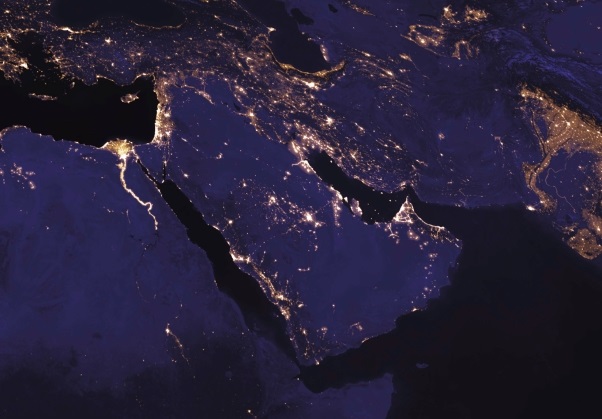 Satellite view of the Middle East at night.