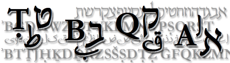 The Hebrew and Arabic alphabets along with respective transliterations into the Latin alphabet.
